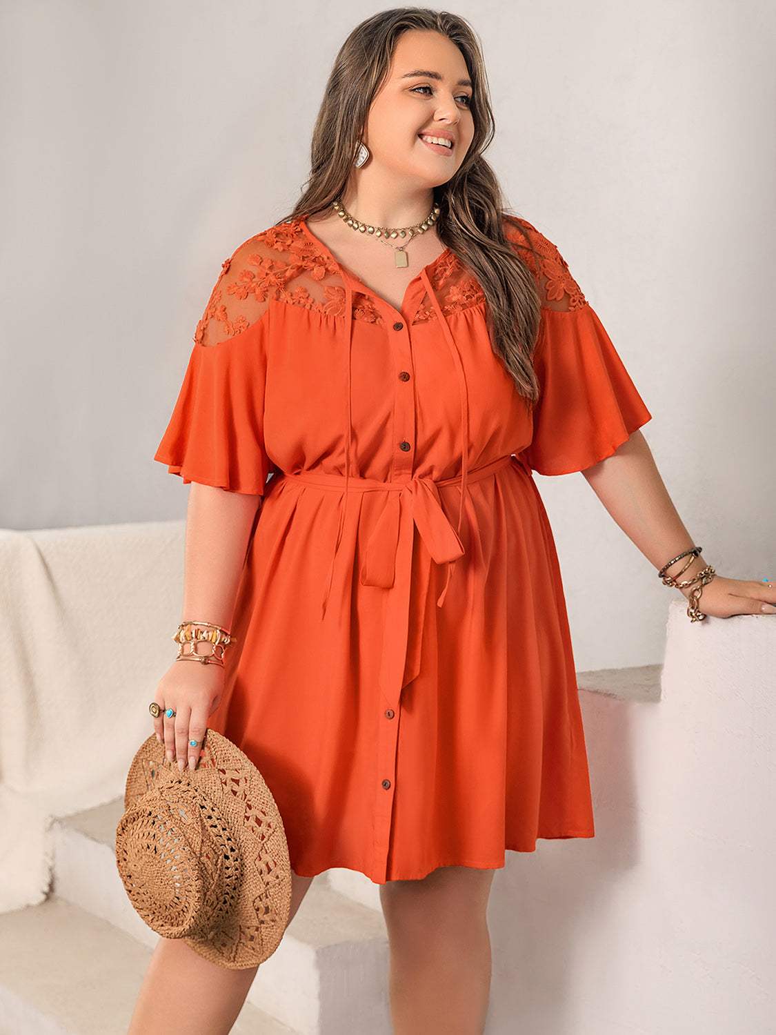 Plus Size Lace Button Up Half Sleeve Dress Casual Dresses - Tophatter Daily Deals