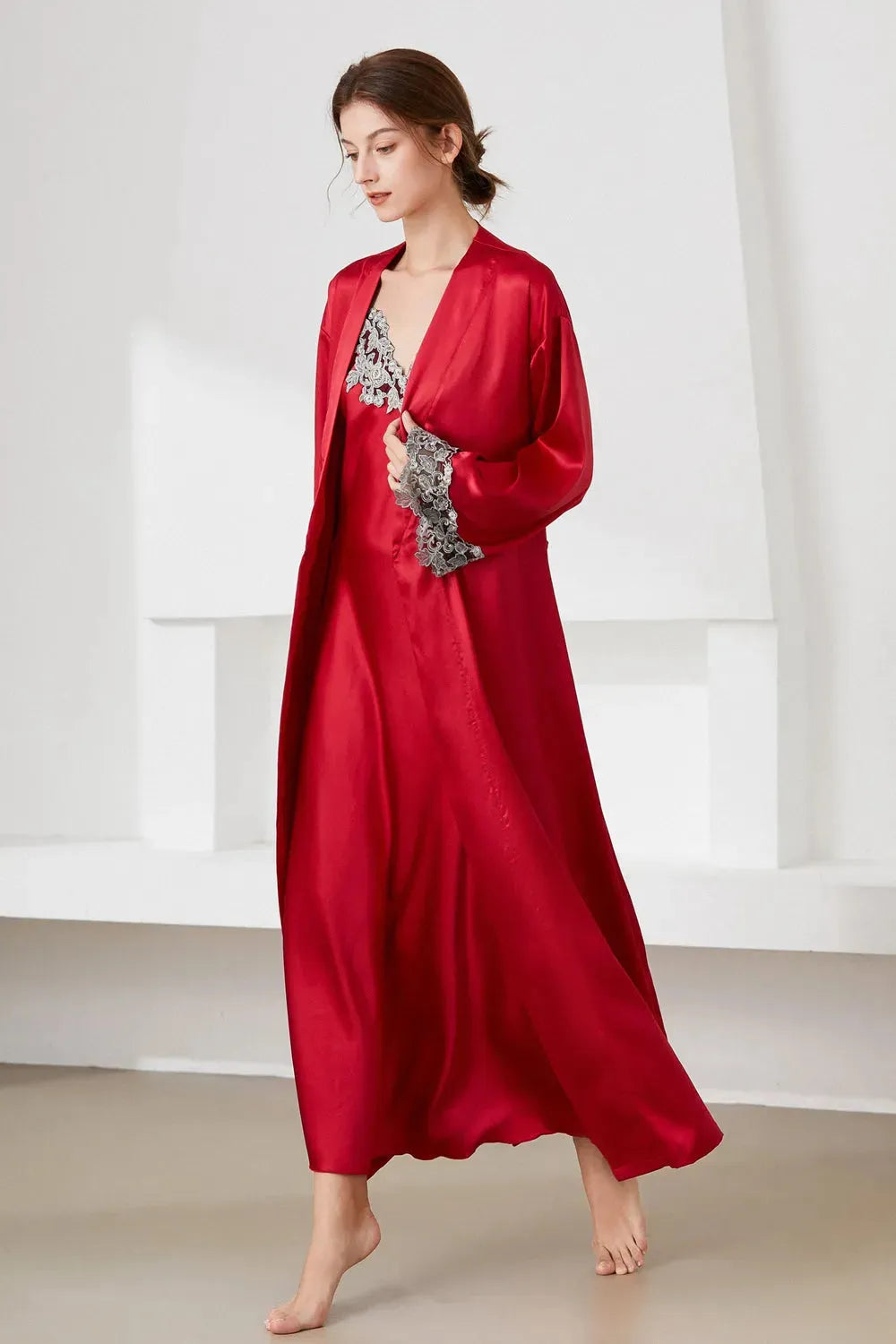 Contrast Lace Trim Satin Night Dress and Robe Set Loungewear Sets - Tophatter Daily Deals