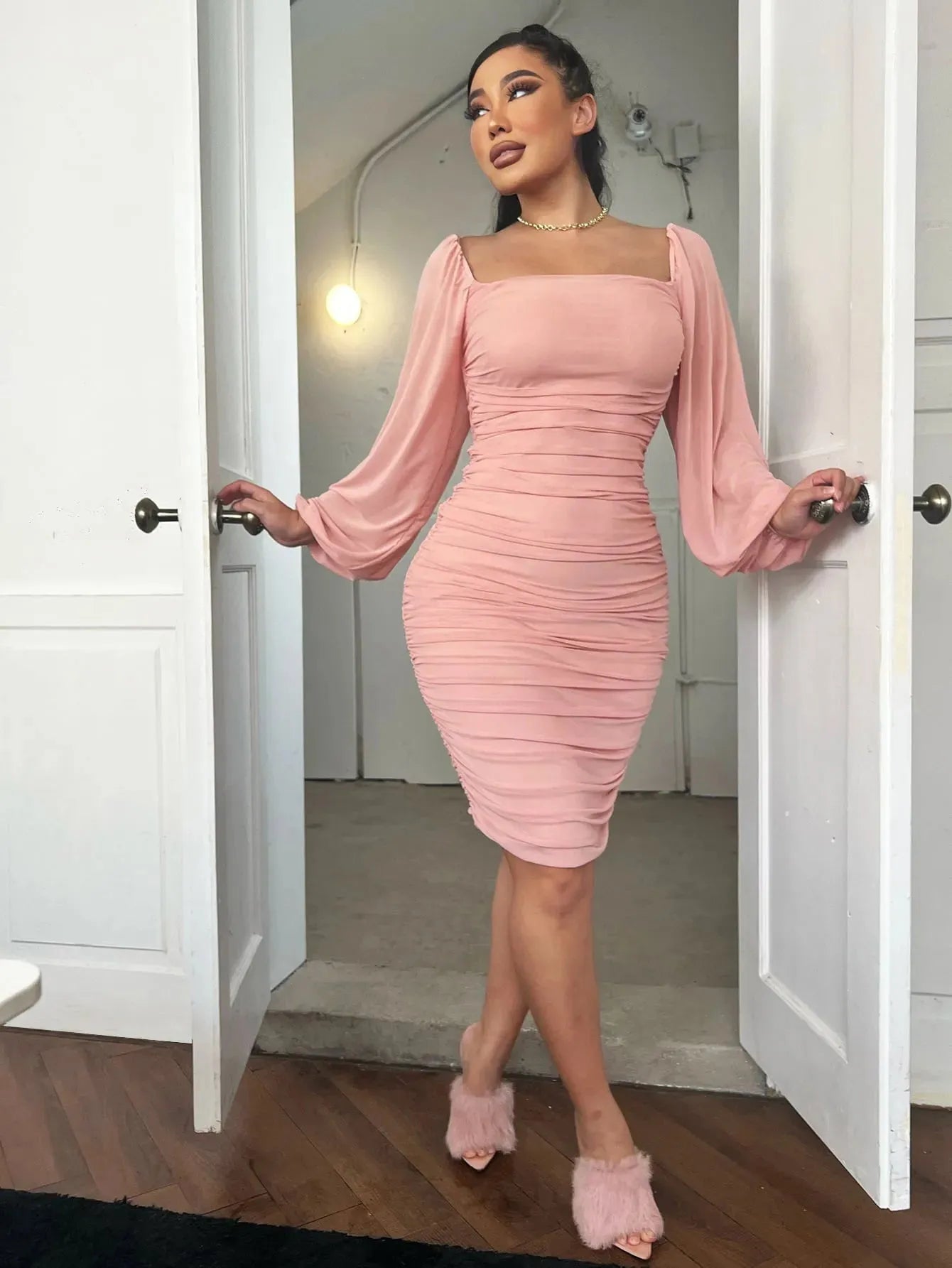Zip-Back Ruched Bodycon Dress Pink Cocktail Dresses - Tophatter Daily Deals
