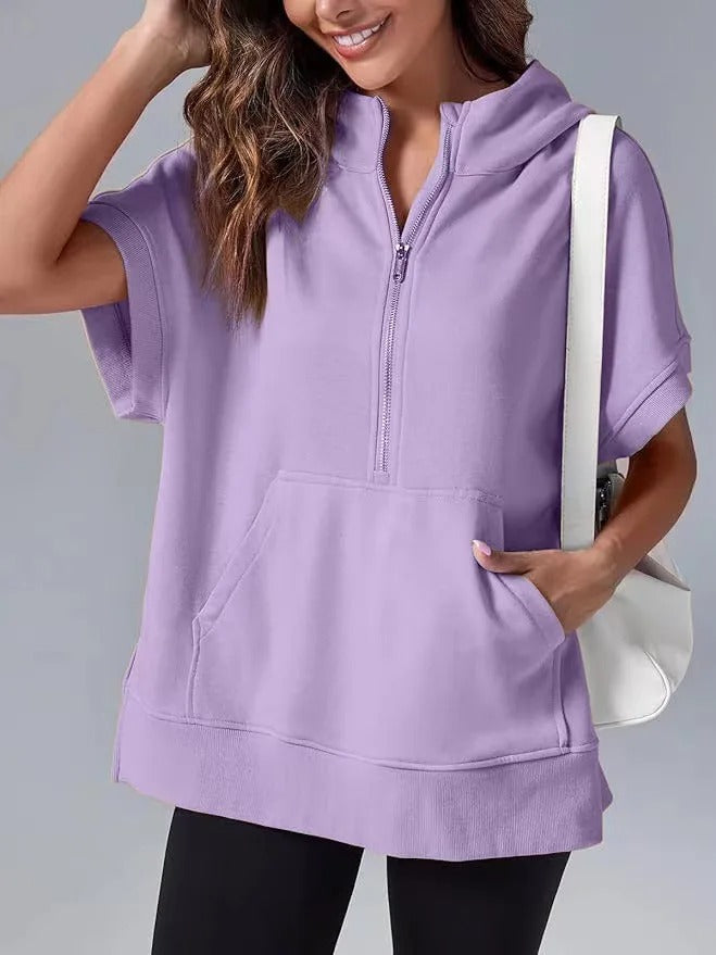 Lightweight Women's Short Sleeve Hoodie - Oversized Knit Purple - Tophatter Daily Deals