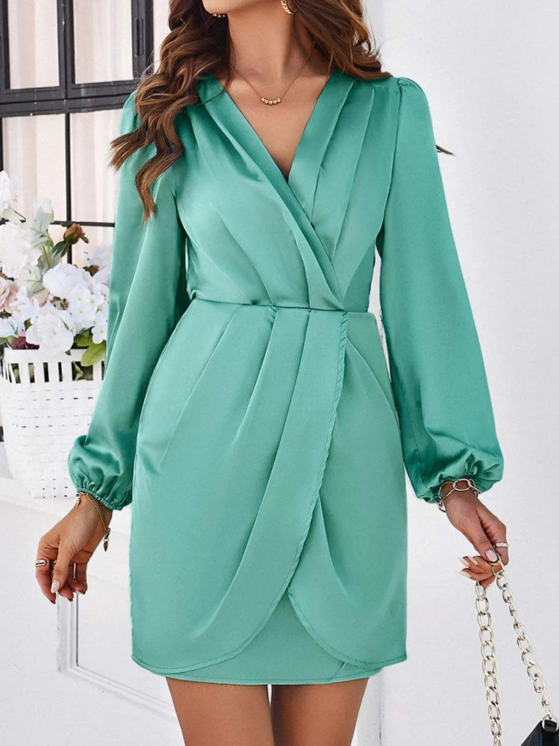 Ruched Surplice Long Sleeve Mini Dress Gum Leaf Casual Dresses - Tophatter Daily Deals