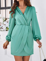 Ruched Surplice Long Sleeve Mini Dress Gum Leaf Casual Dresses - Tophatter Daily Deals