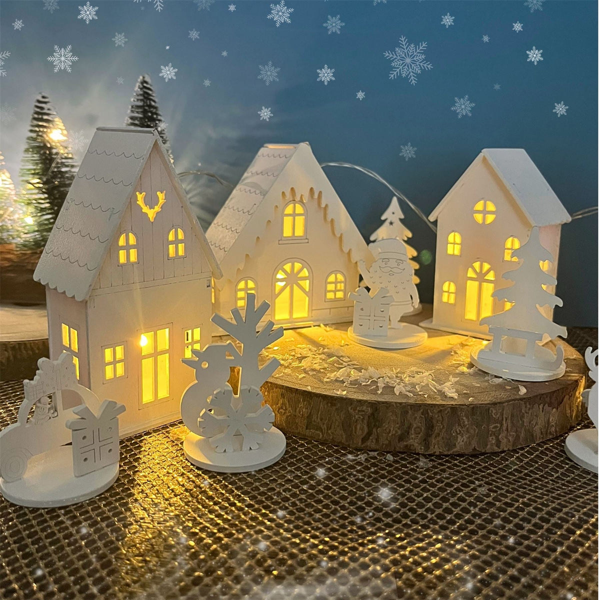 LED Christmas Village | 10-Piece Wooden Christmas Scene with 4 Light-Up Houses LED Fireplace - Tophatter Daily Deals