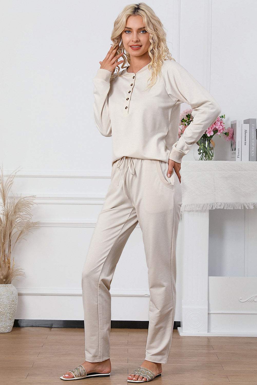 Half Button Round Neck Top and Drawstring Pants Lounge Set Loungewear Sets - Tophatter Daily Deals