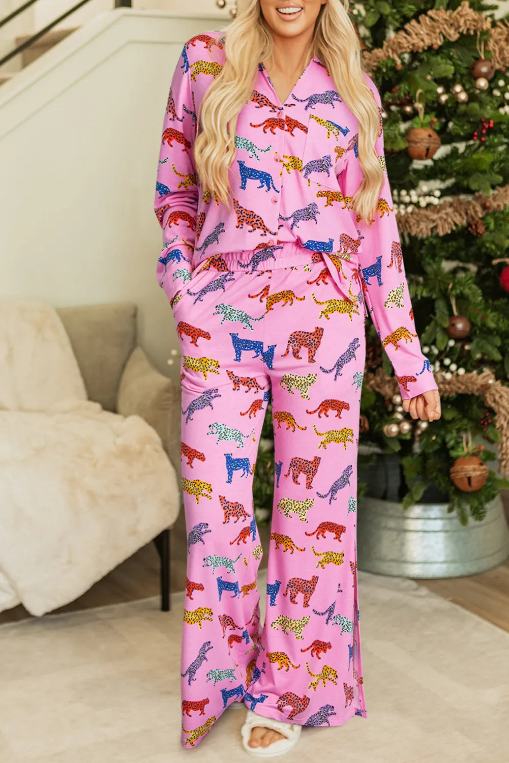 Pink Cheetah Print Shirt and Pants Pajama Set Loungewear & Sleepwear/Sleepwear - Tophatter Daily Deals