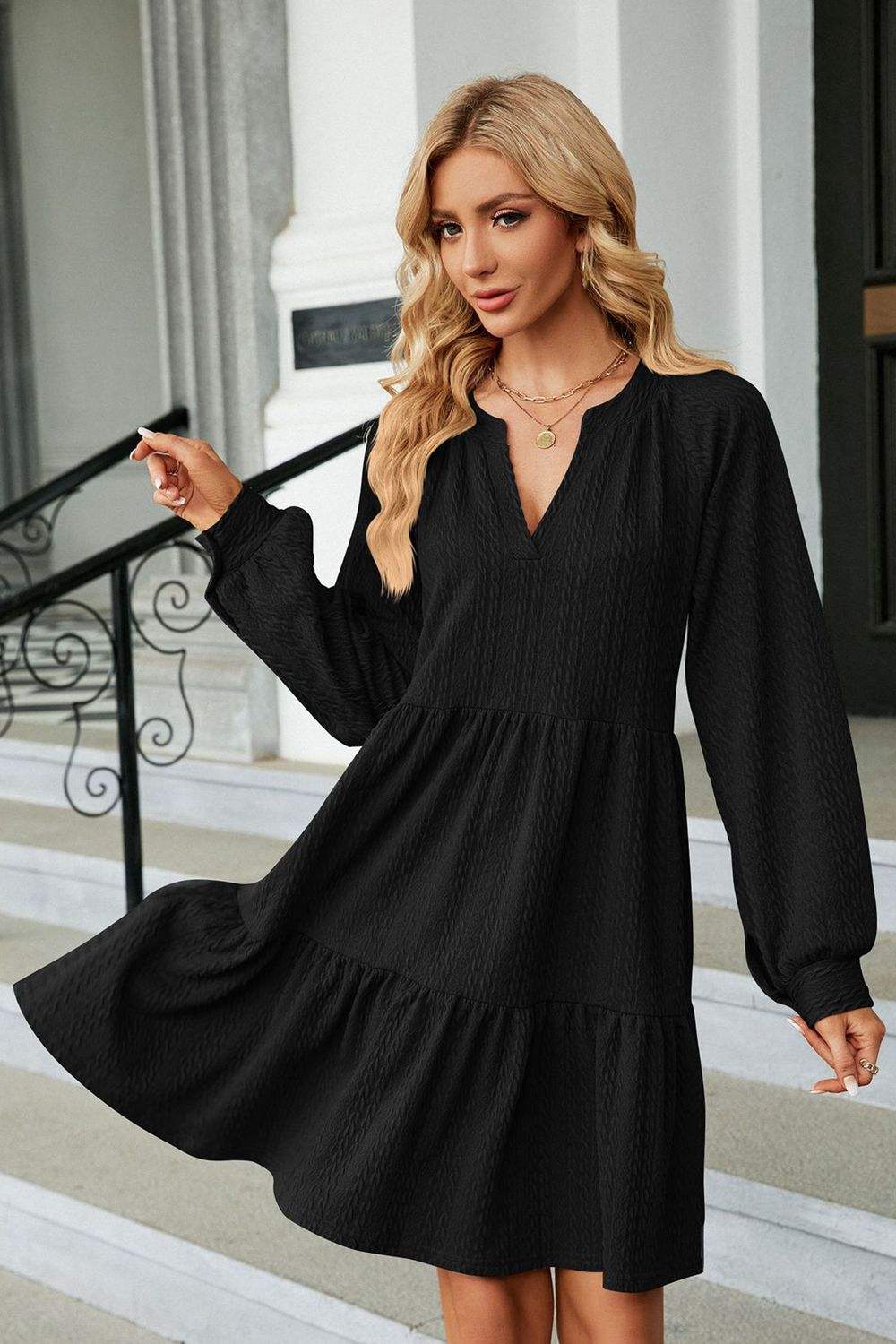 Notched Neck Long Sleeve Mini Dress Casual Dresses - Tophatter Daily Deals