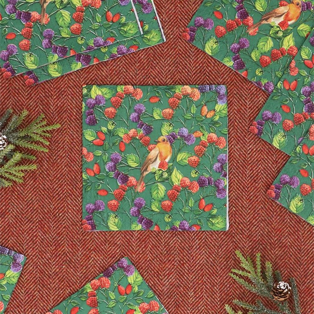 Pack of 20 Robin & Berries Christmas Napkins | Festive Paper Napkins - 33cm Napkins - Tophatter Daily Deals