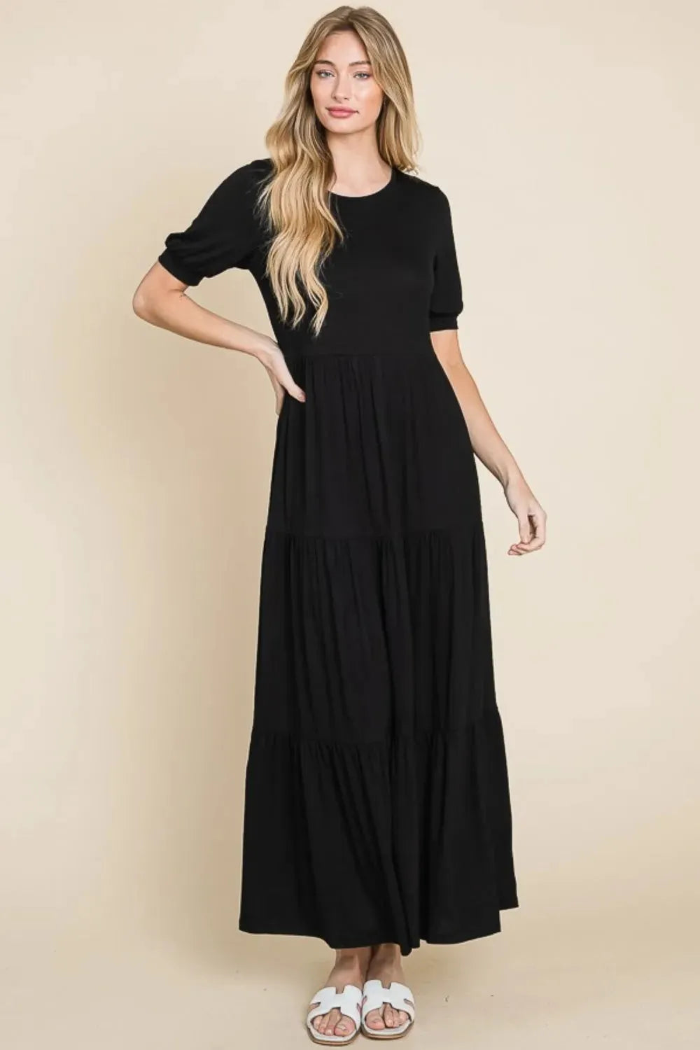 BOMBOM Short Sleeve Tiered Maxi Dress Black Casual Dresses - Tophatter Daily Deals