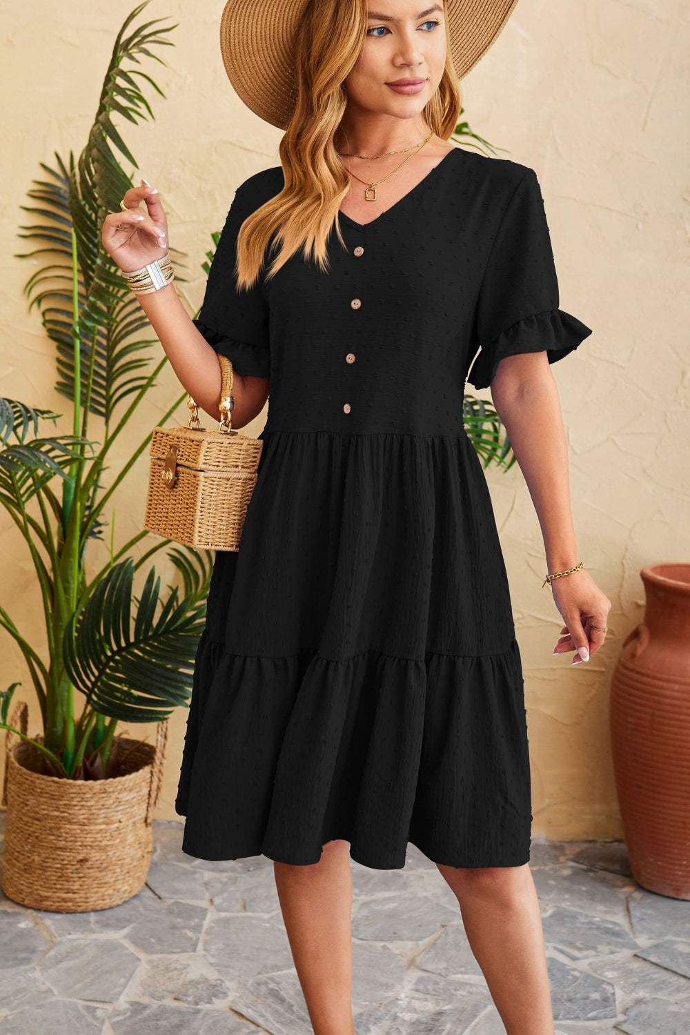 Swiss Dot Ruffled V-Neck Tiered Dress Casual Dresses - Tophatter Daily Deals