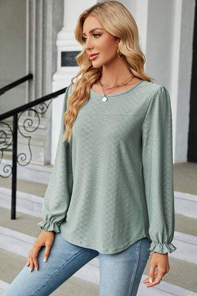 Round Neck Flounce Sleeve T-Shirt Gum Leaf Women's T-Shirts - Tophatter Daily Deals