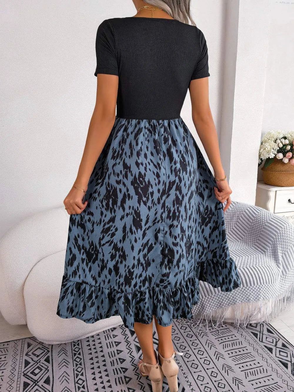 Printed Round Neck Ruffle Hem Dress Casual Dresses - Tophatter Daily Deals