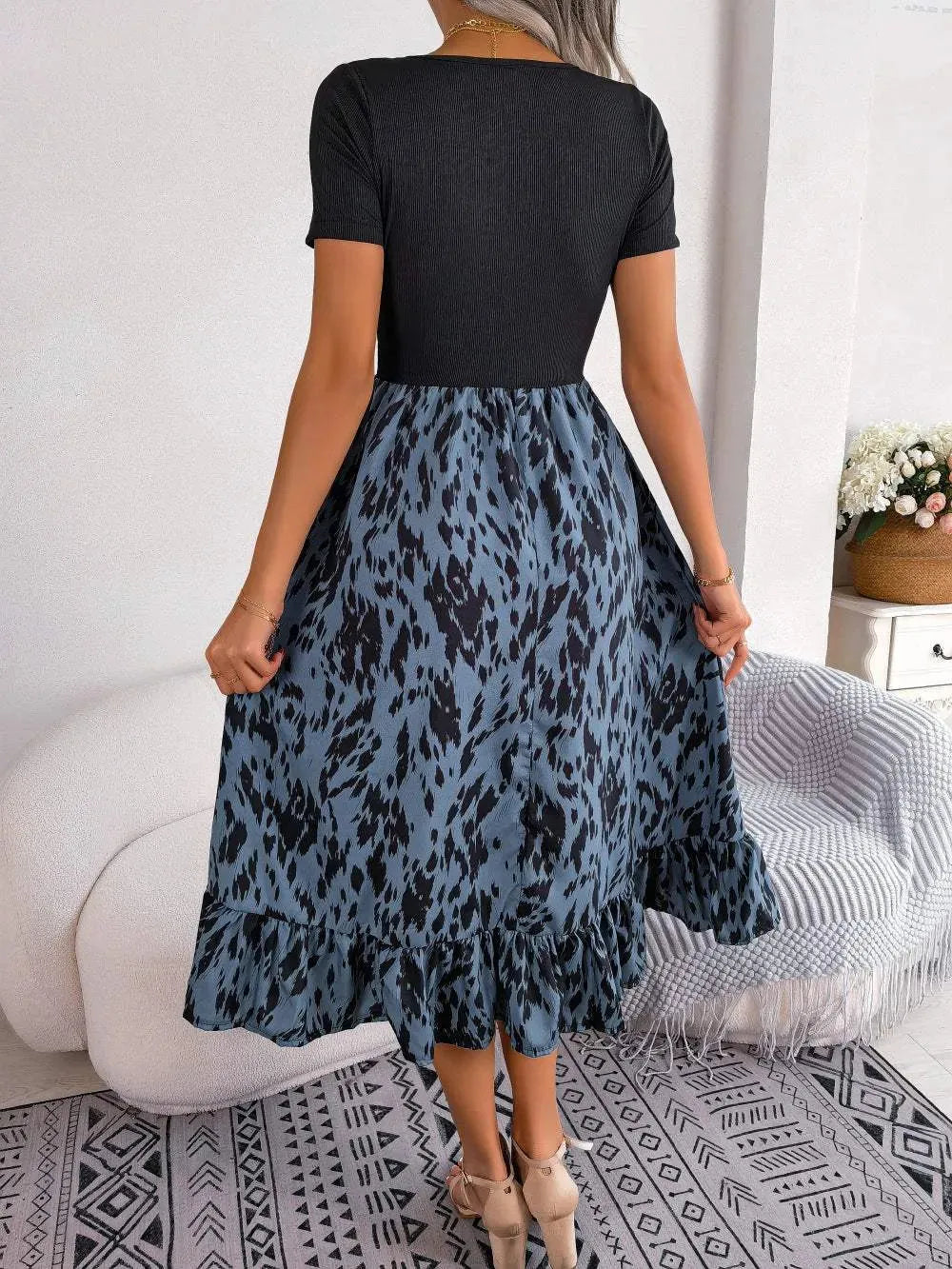 Printed Round Neck Ruffle Hem Dress Casual Dresses - Tophatter Daily Deals
