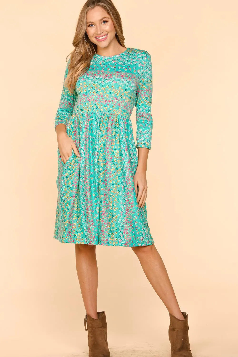 Haptics Round Neck Floral Dress with Pockets Mint Casual Dresses - Tophatter Daily Deals