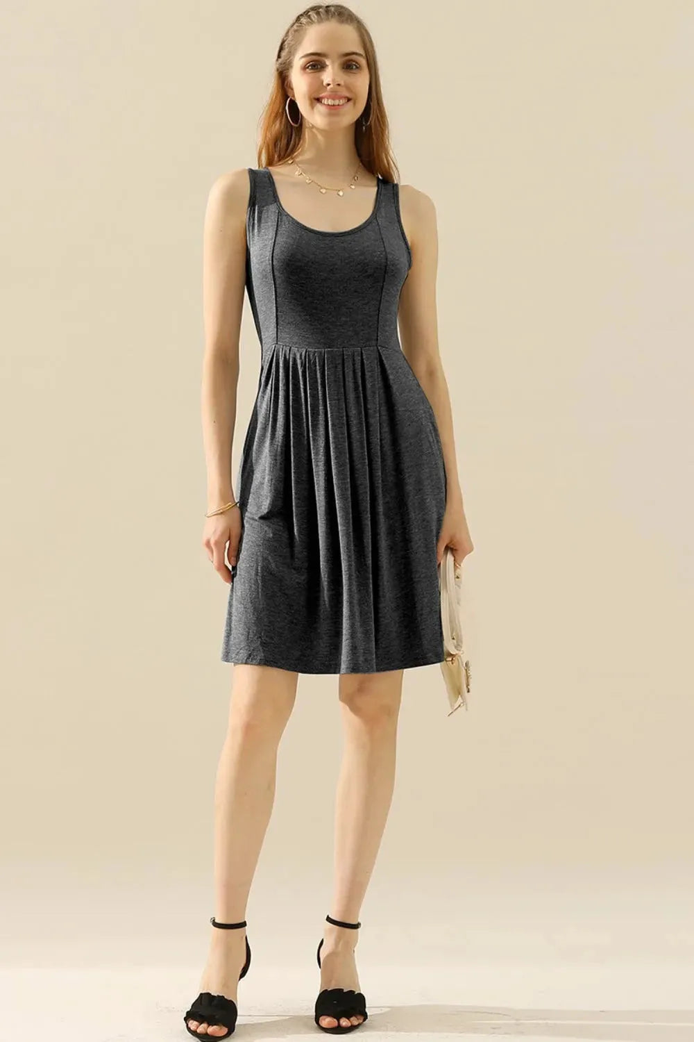Doublju Full Size Round Neck Ruched Sleeveless Dress with Pockets Cocktail Dresses - Tophatter Daily Deals