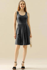 Doublju Full Size Round Neck Ruched Sleeveless Dress with Pockets Cocktail Dresses - Tophatter Daily Deals