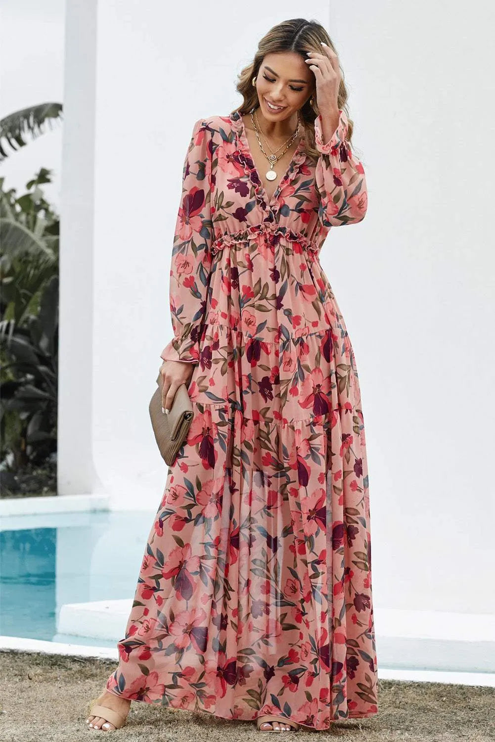 Floral Frill Trim Flounce Sleeve Plunge Maxi Dress Casual Dresses - Tophatter Daily Deals