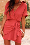 Ruched Half Button Mini Dress Brick Red Casual Dresses - Tophatter Daily Deals