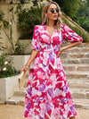 Devine Smocked Printed V-Neck Half Sleeve Midi Dress Casual Dresses - Tophatter Daily Deals