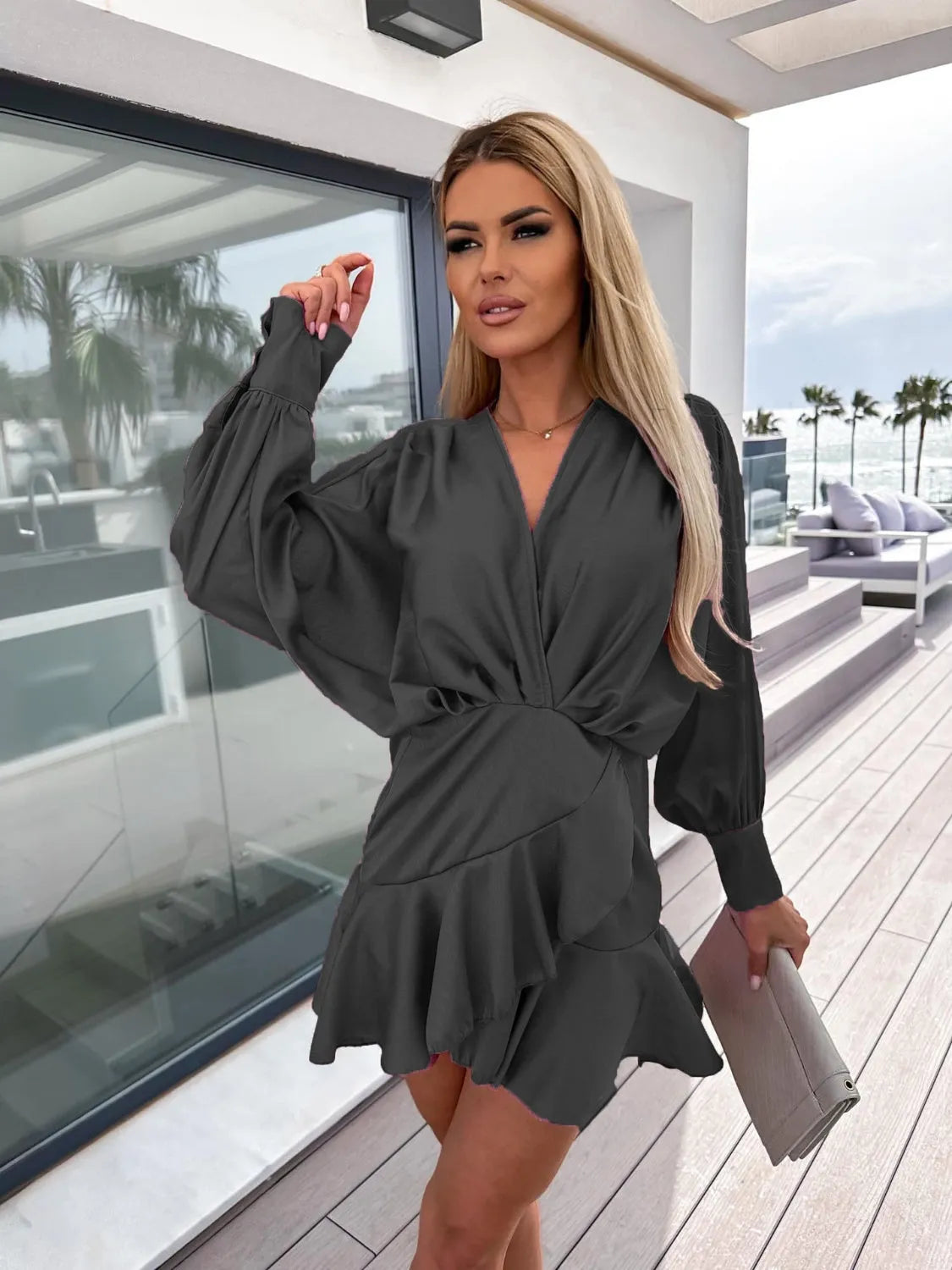 Surplice Ruffle Hem Lantern Sleeve Mini Dress Black Casual Dresses - Tophatter Daily Deals