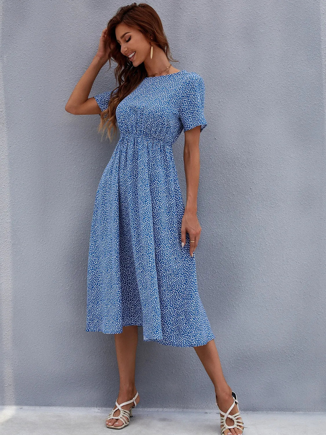 Printed Round Neck Short Sleeve Midi Dress Casual Dresses - Tophatter Daily Deals