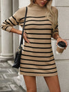 Striped Mock Neck Long Sleeve Mini Dress Tan Casual Dresses - Tophatter Daily Deals