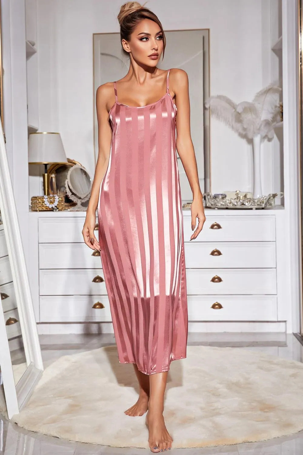 Striped Flounce Sleeve Open Front Robe and Cami Dress Set Loungewear Sets - Tophatter Daily Deals