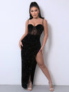 Sequin Spliced Mesh Adjustable Strap Dress Black Cocktail Dresses - Tophatter Daily Deals