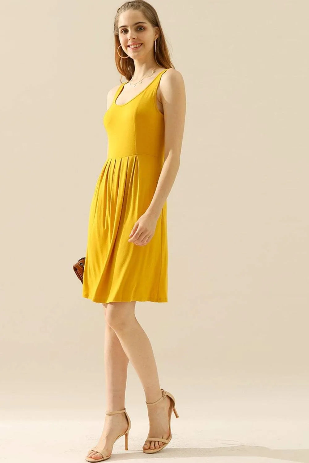 Doublju Full Size Round Neck Ruched Sleeveless Dress with Pockets Cocktail Dresses - Tophatter Daily Deals