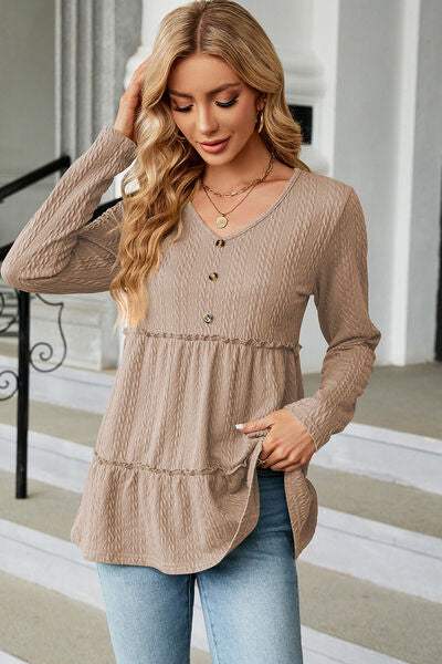 Frill V-Neck Long Sleeve T-Shirt Camel Women's T-Shirts - Tophatter Daily Deals