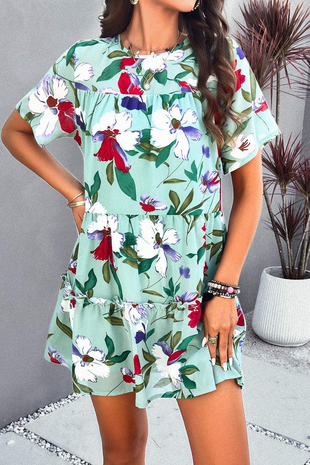 Printed Tiered Round Neck Mini Dress Tiffany Blue Casual Dresses - Tophatter Daily Deals