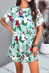 Printed Tiered Round Neck Mini Dress Tiffany Blue Casual Dresses - Tophatter Daily Deals