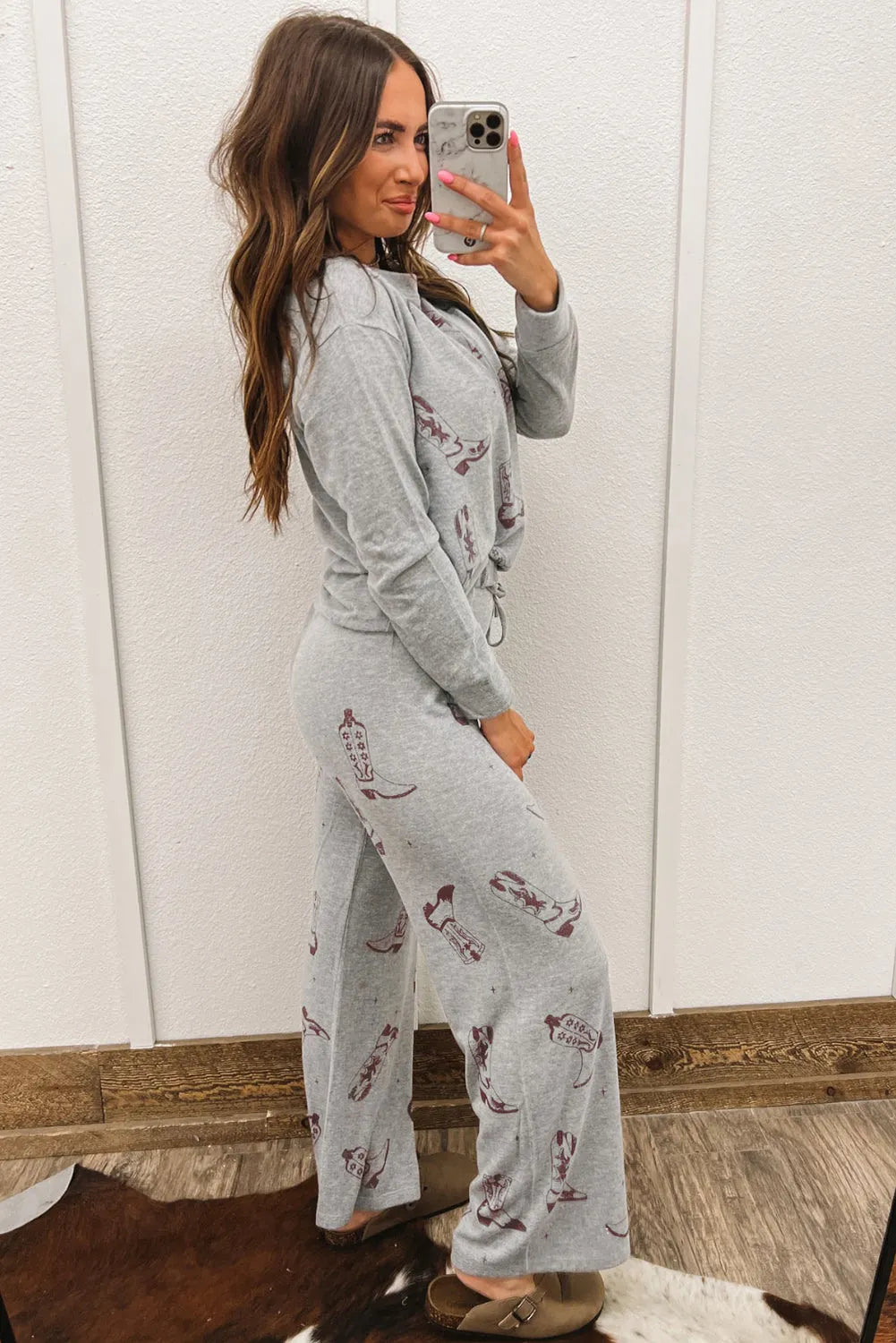 Gray Cowgirl Boots Printed Long Sleeve Top Pants Lounge Set Loungewear & Sleepwear/Loungewear - Tophatter Daily Deals