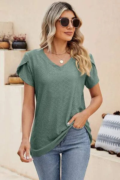 Eyelet V-Neck Petal Sleeve T-Shirt Gum Leaf Women's T-Shirts - Tophatter Daily Deals