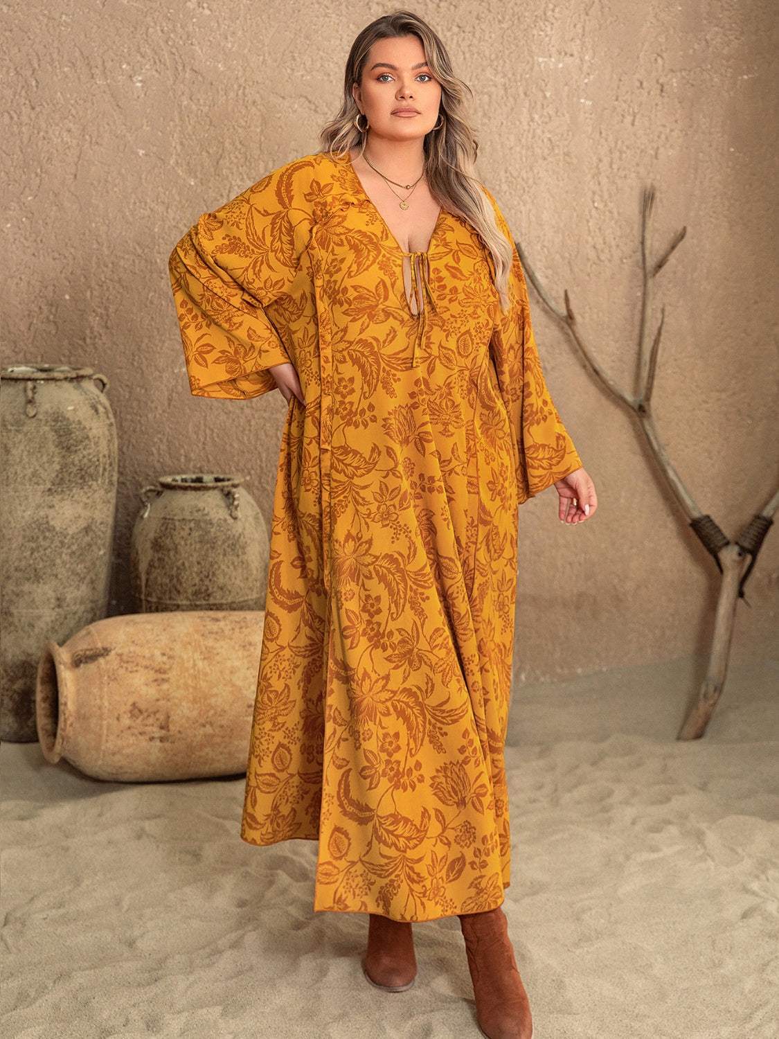 Plus Size Printed Slit Long Sleeve Dress Tangerine Casual Dresses - Tophatter Daily Deals