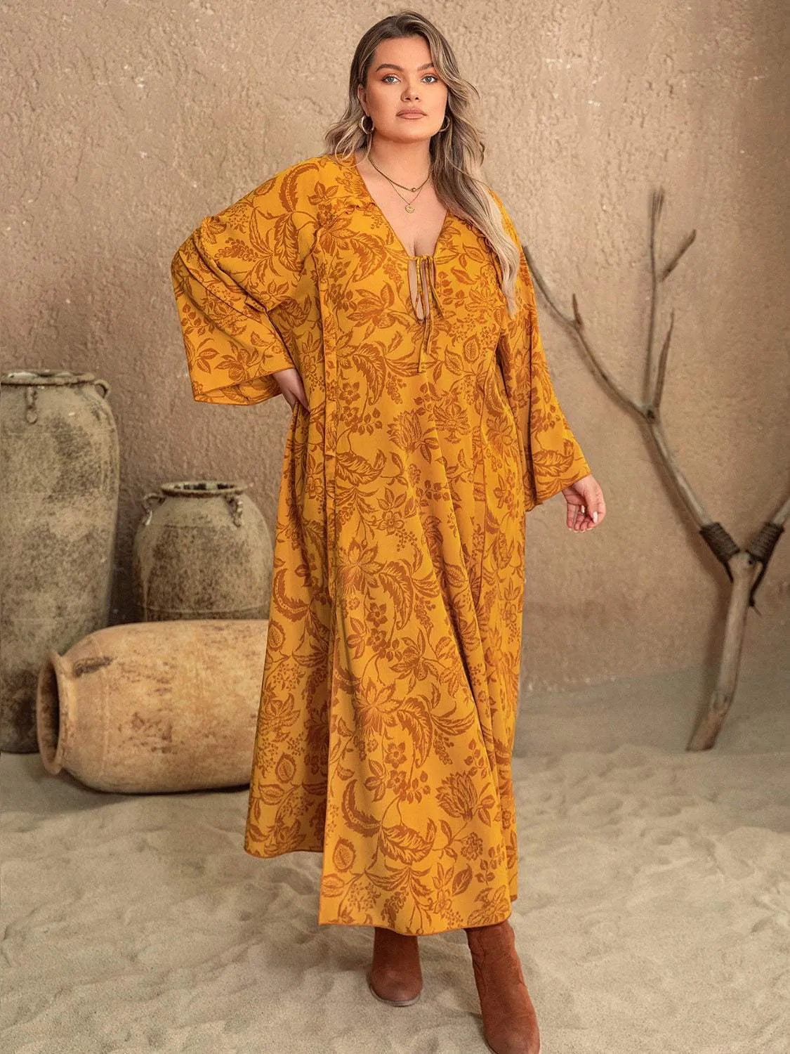 Plus Size Printed Slit Long Sleeve Dress Tangerine Casual Dresses - Tophatter Daily Deals