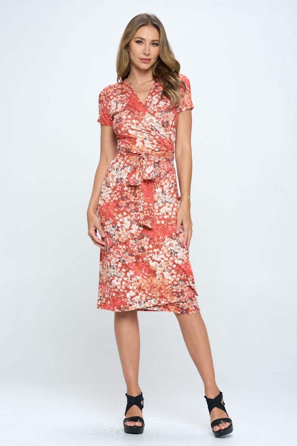 RENEE C Floral Tie Front Surplice Short Sleeve Dress Coral Casual Dresses - Tophatter Daily Deals