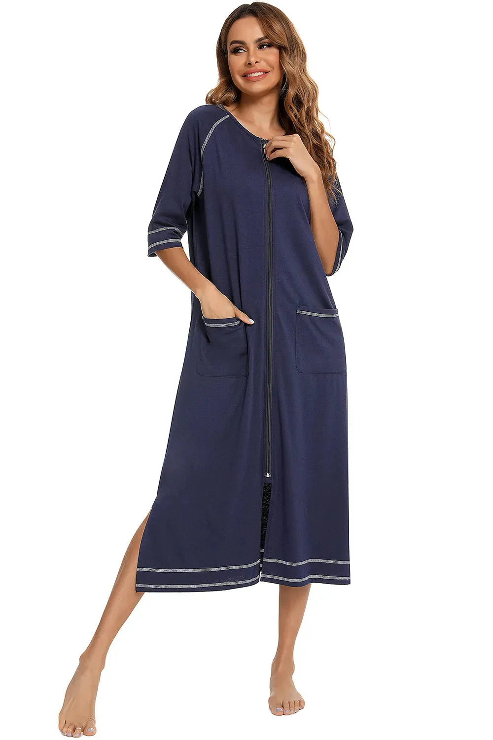 Zip Up Slit Round Neck Night Dress with Pockets Sleep Dresses - Tophatter Daily Deals