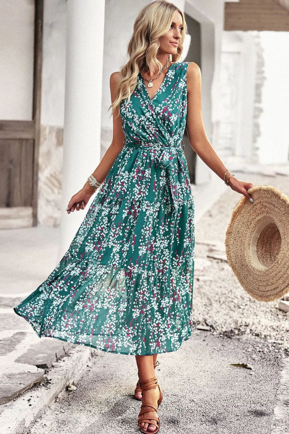 Floral Belted Surplice Sleeveless Tiered Dress Casual Dresses - Tophatter Daily Deals