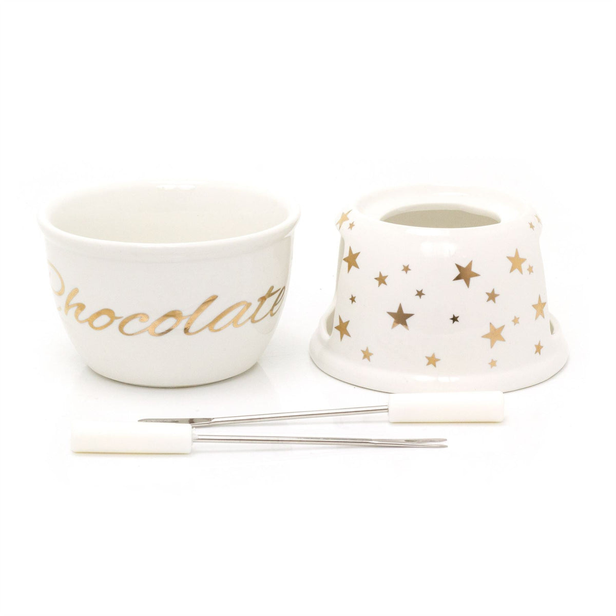 Chocolate Fondue Set | White Ceramic Tea Light Candle Fondue Pot with 2 Forks Fondue Set - Tophatter Daily Deals