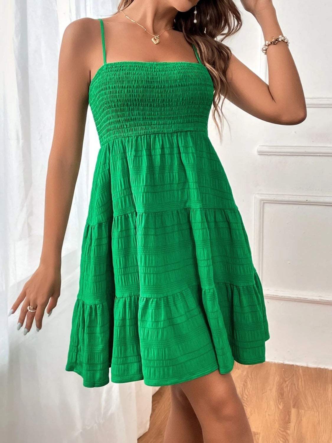 Tiered Smocked Square Neck Cami Dress Green Casual Dresses - Tophatter Daily Deals