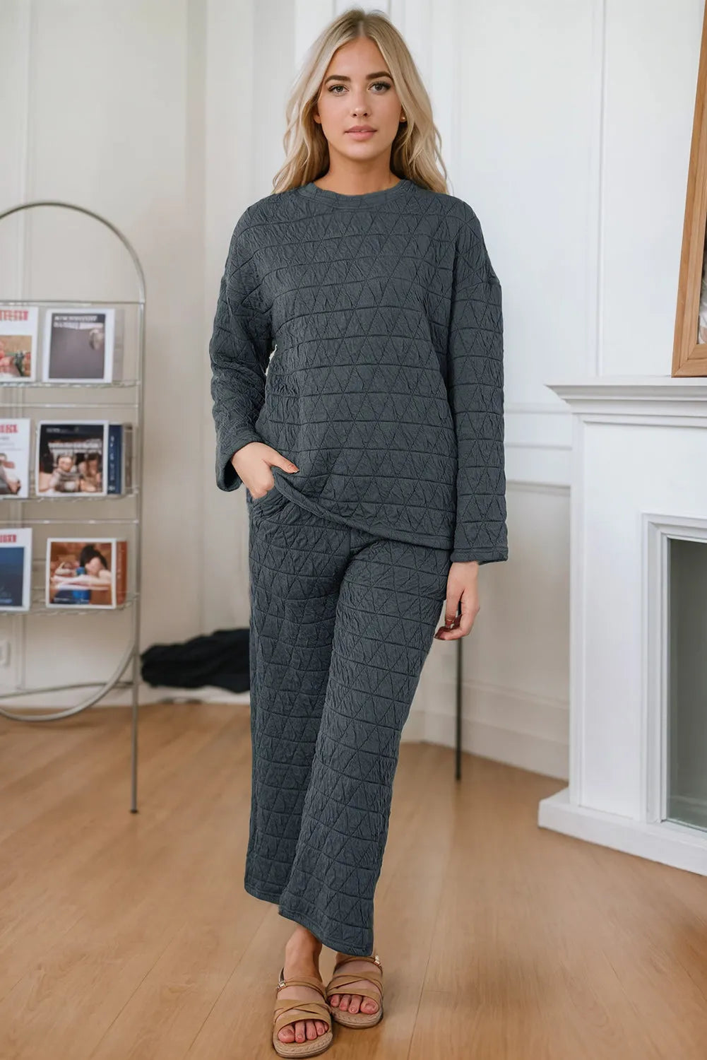 Round Neck Top and Pocketed Pants Lounge Set Black Loungewear Sets - Tophatter Daily Deals