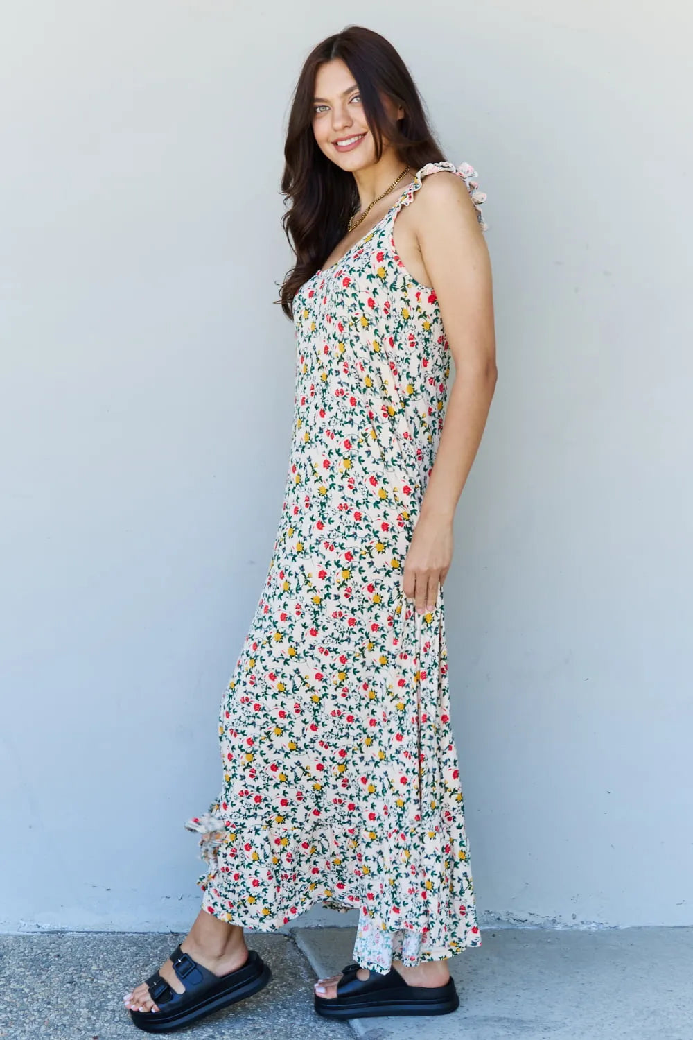 Doublju In The Garden Ruffle Floral Maxi Dress in Natural Rose Casual Dresses - Tophatter Daily Deals