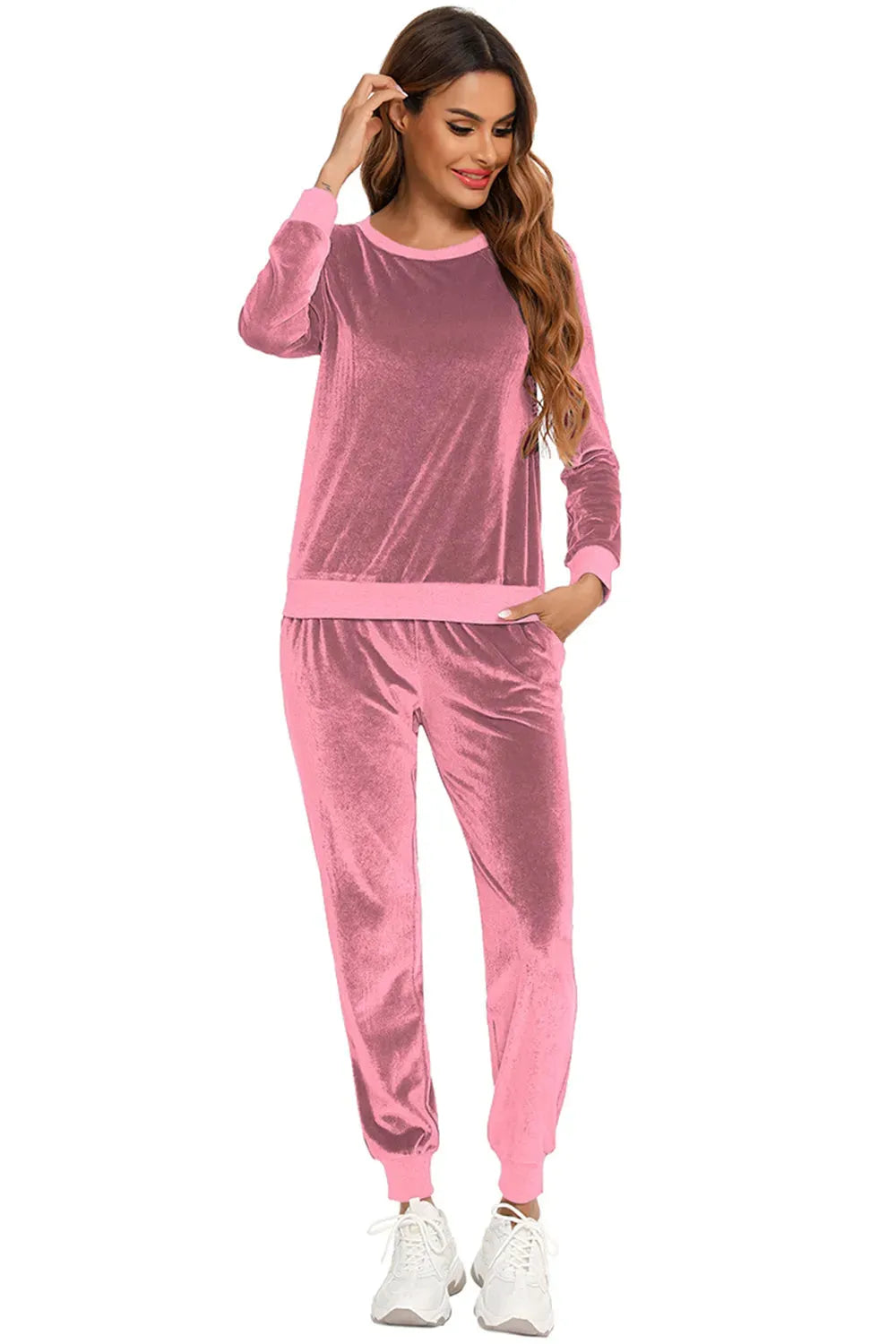 Round Neck Long Sleeve Loungewear Set with Pockets Loungewear Sets - Tophatter Daily Deals