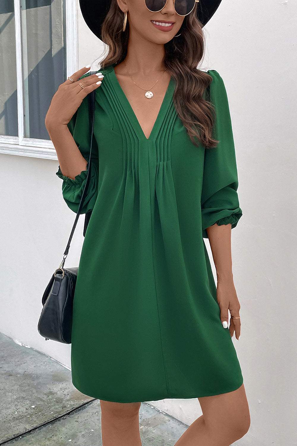 Ruched V-Neck Flounce Sleeve Dress Green Casual Dresses - Tophatter Daily Deals