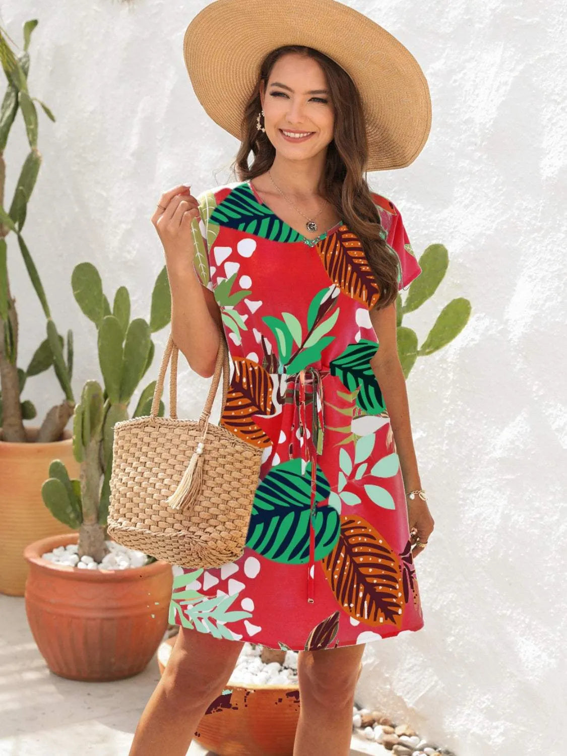 Drawstring Printed V-Neck Mini Dress Deep Red Casual Dresses - Tophatter Daily Deals