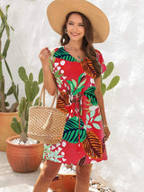 Drawstring Printed V-Neck Mini Dress Deep Red Casual Dresses - Tophatter Daily Deals