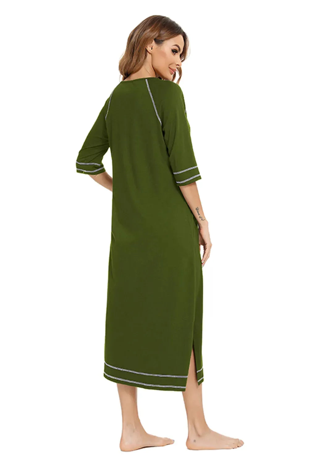 Zip Up Slit Round Neck Night Dress with Pockets Sleep Dresses - Tophatter Daily Deals