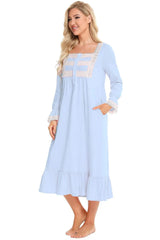 Lace Detail Square Neck Flounce Sleeve Night Dress Sleep Dresses - Tophatter Daily Deals