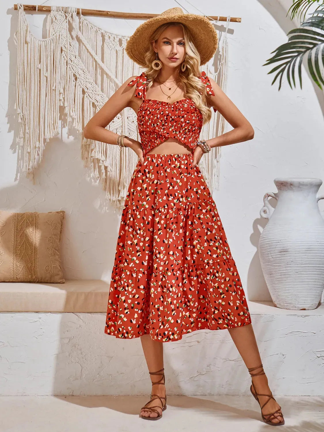 Cutout Printed Tie Shoulder Midi Dress Casual Dresses - Tophatter Daily Deals