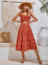 Cutout Printed Tie Shoulder Midi Dress Casual Dresses - Tophatter Daily Deals